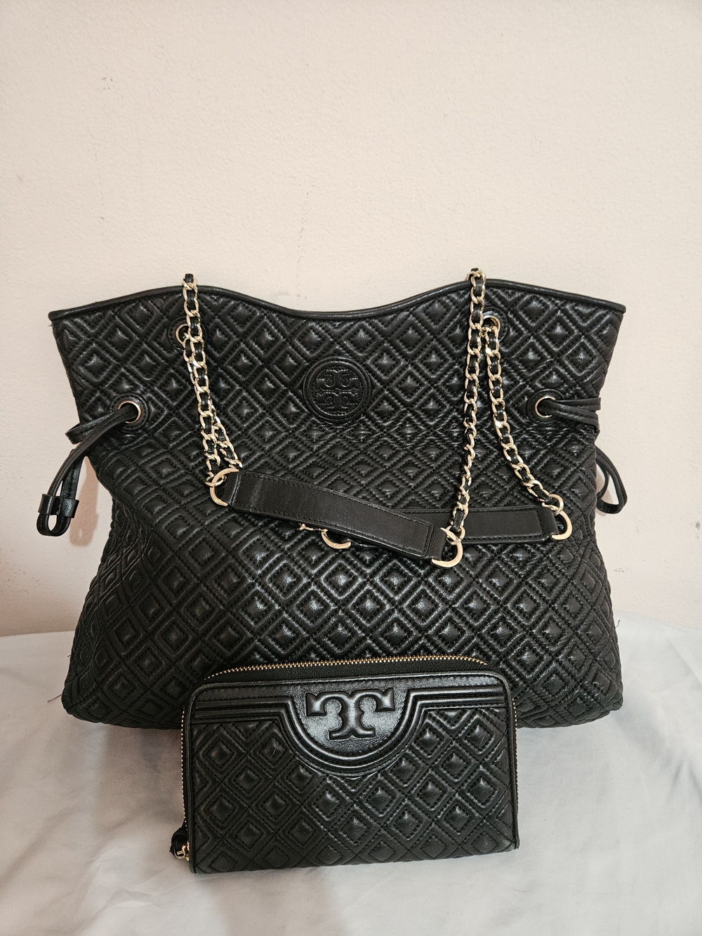 Tory Burch Marion quilted slouchy tote and matching wallet in black
